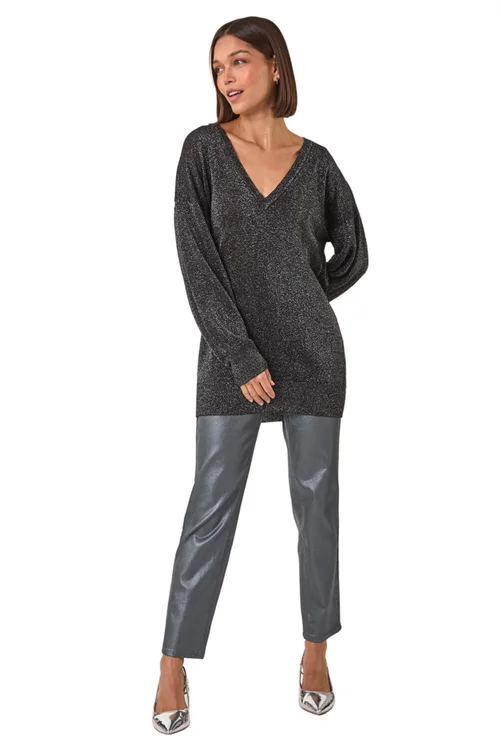 Roman Black Relaxed Stretch Shimmer V-Neck Jumper - Size 12 Image 2