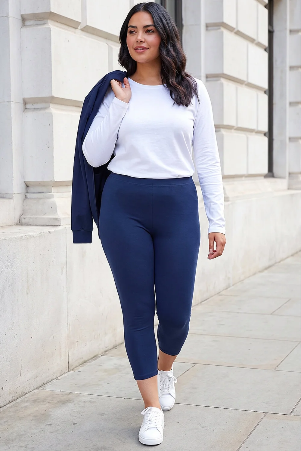 Roman Navy Curve Plain Elastic Waist Cropped Leggings - 18 Image 2