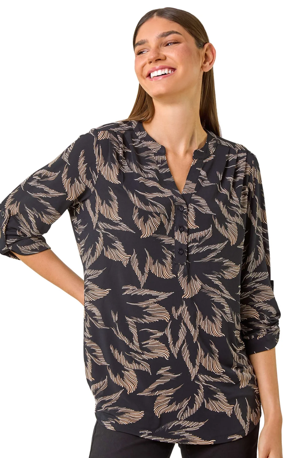 Roman Beige Textured Abstract Print V-Neck Stretch Shirt - Size 18 Image 1