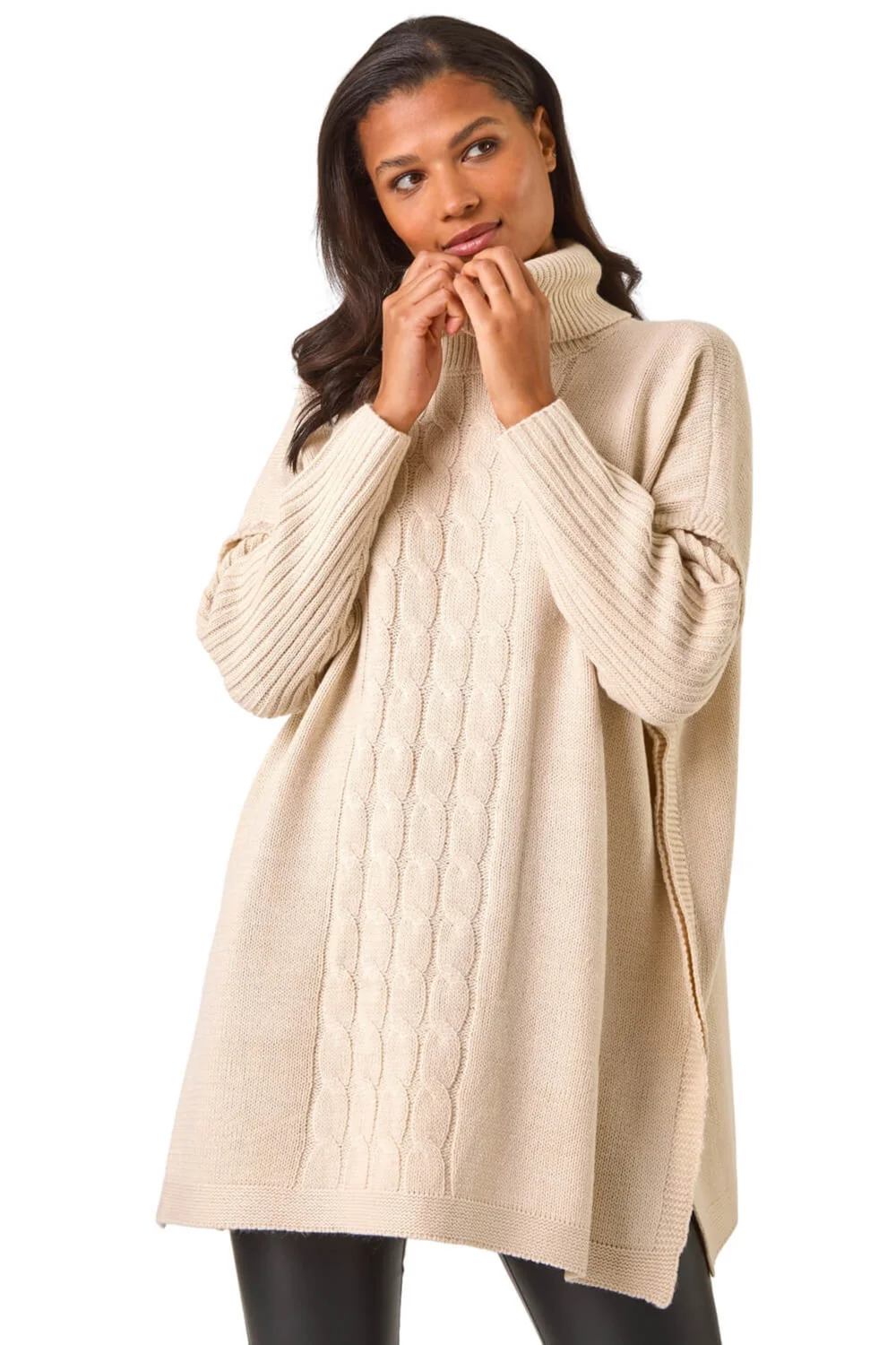 Roman Beige Cable Knit Roll Neck Poncho Jumper - Large/Extra Large Image 1