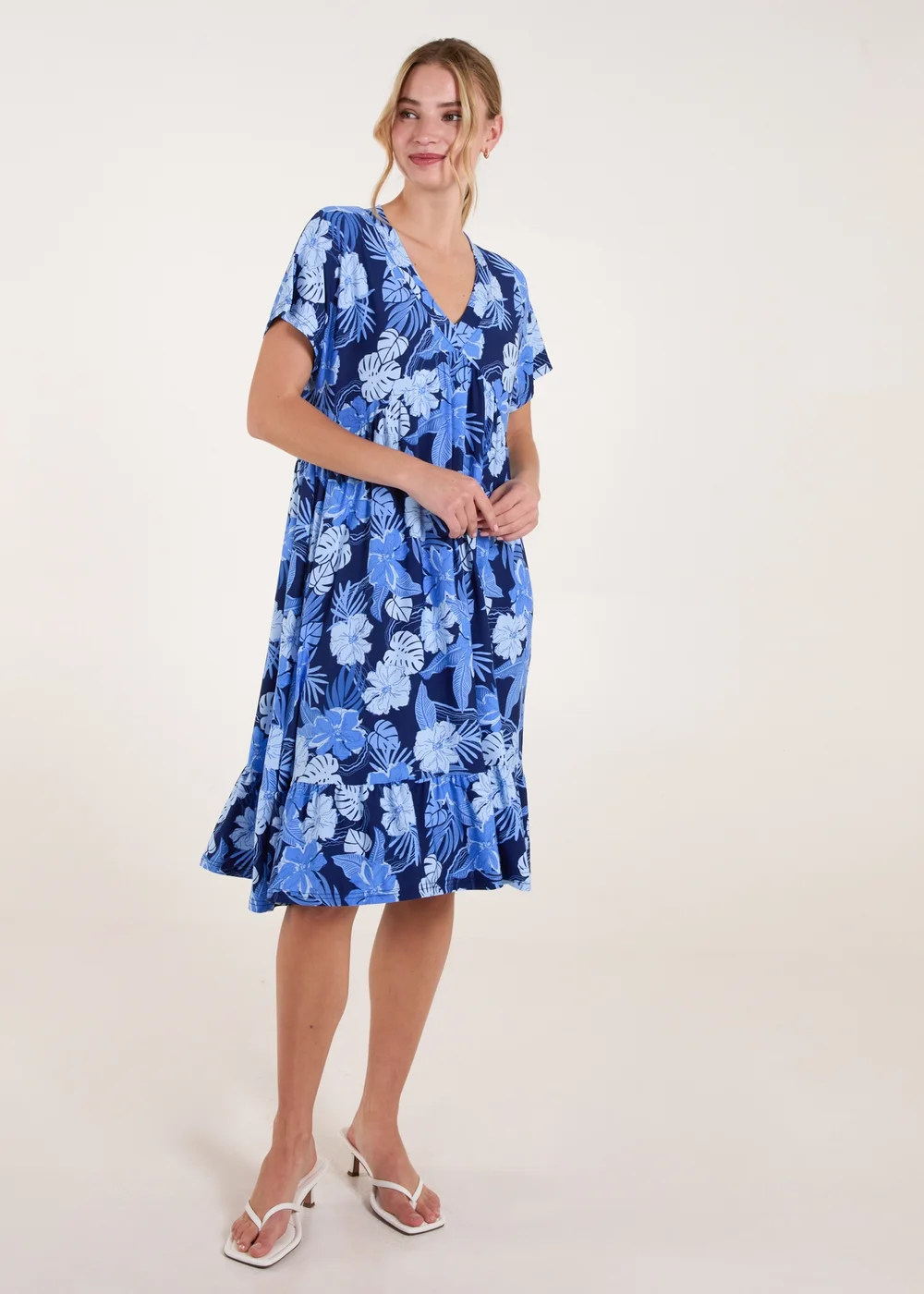 Blue Vanilla Blue Tropical V Neck Smock Style Tunic Dress - S/M Image 4