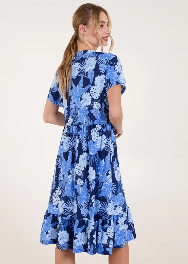 Blue Vanilla Blue Tropical V Neck Smock Style Tunic Dress