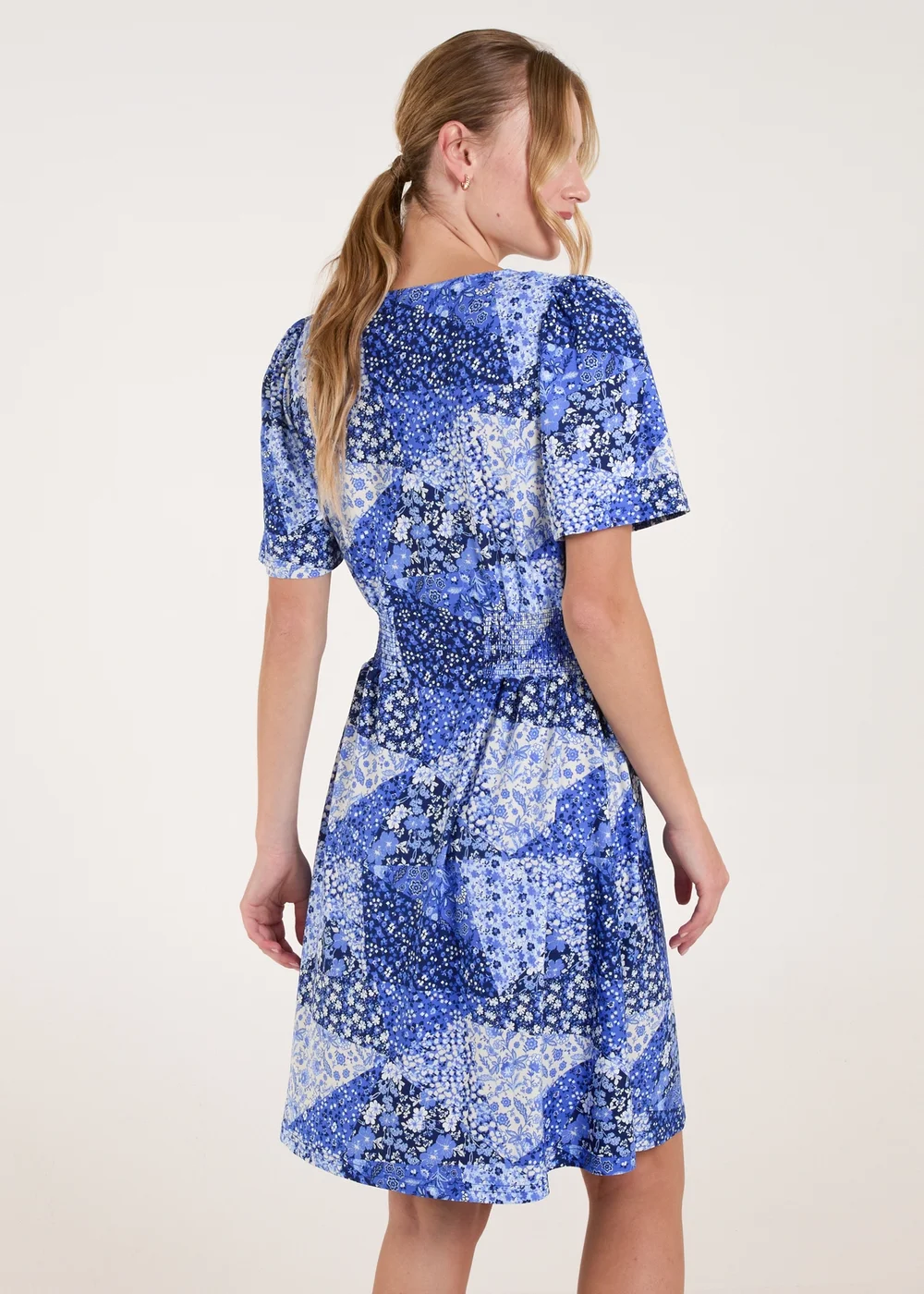 Blue Vanilla Blue Shirred Waist Button Front Patchwork Mini Dress - S/M Image 2