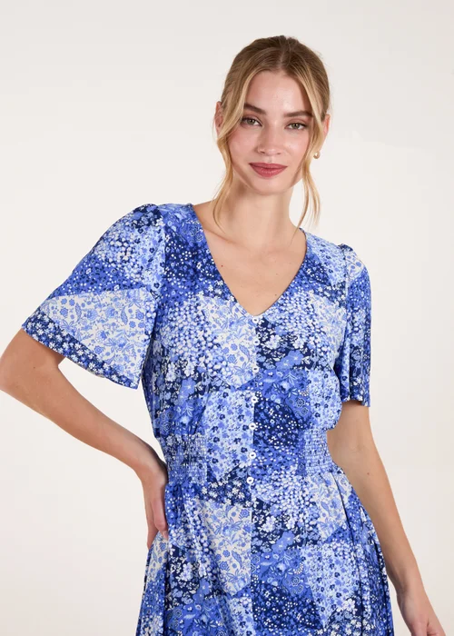 Blue Vanilla Blue Shirred Waist Button Front Patchwork Mini Dress - S/M Image 3