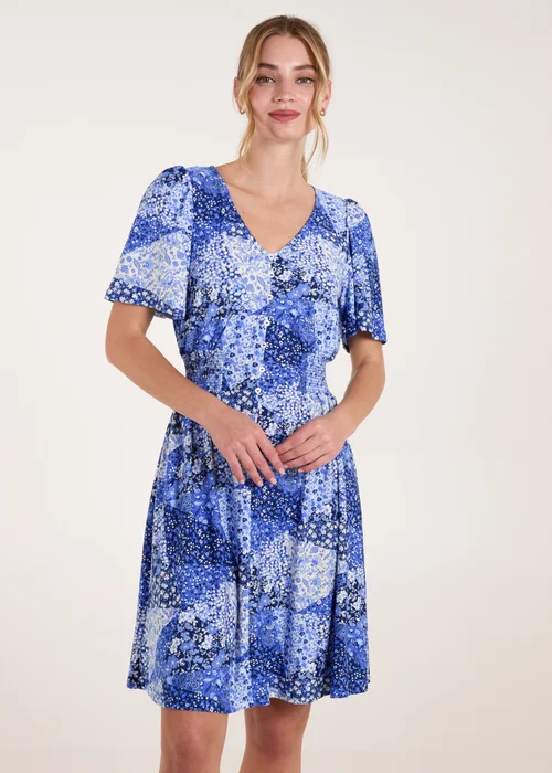 Blue Vanilla Blue Shirred Waist Button Front Patchwork Mini Dress - S/M Image 1