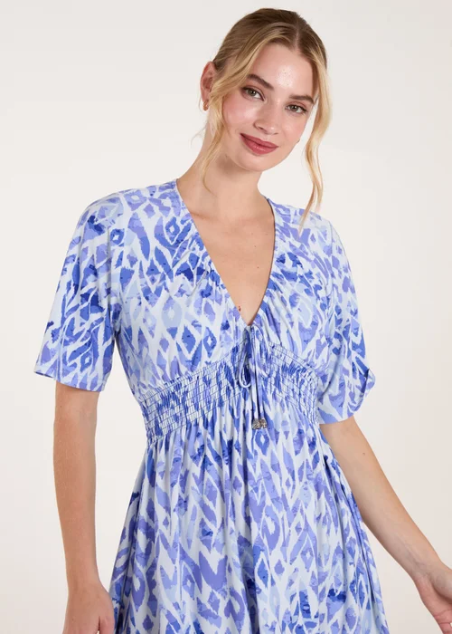 Blue Vanilla Blue Abstract Shirred Waist V Neck Dress - L/XL Image 4