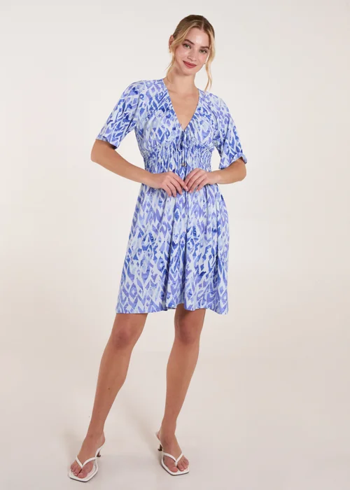 Blue Vanilla Blue Abstract Shirred Waist V Neck Dress - L/XL Image 2