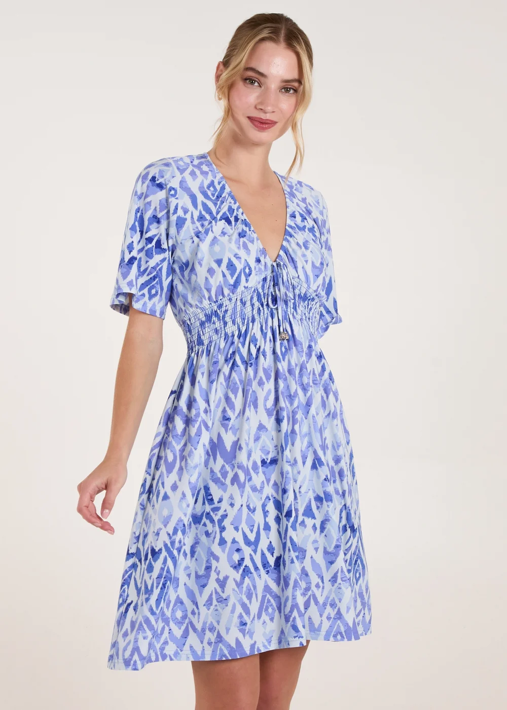 Blue Vanilla Blue Abstract Shirred Waist V Neck Dress - L/XL Image 1