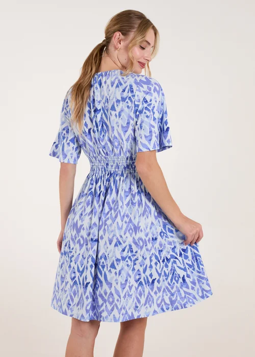Blue Vanilla Blue Abstract Shirred Waist V Neck Dress - L/XL Image 3