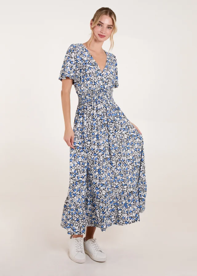 Blue Vanilla Blue Floral Wrap Front Maxi Dress