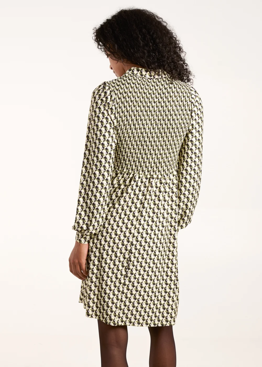 Blue Vanilla Green Geometric Shirred Mini Shirt Dress - XL Image 2