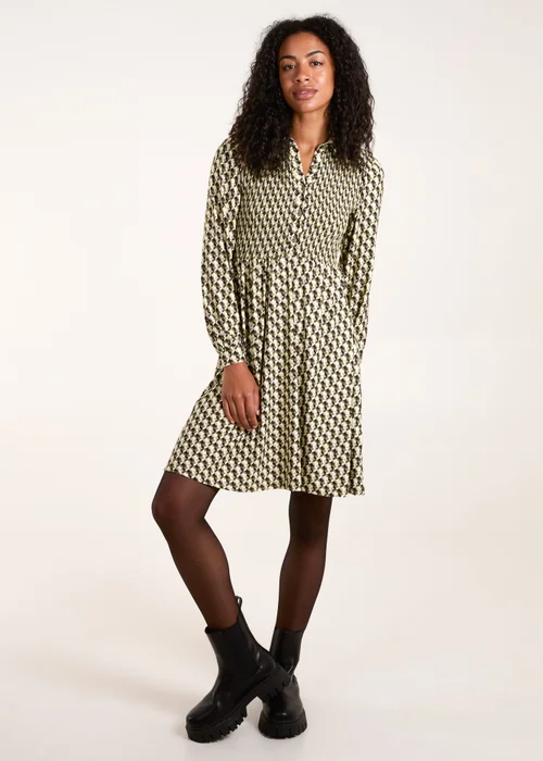 Blue Vanilla Green Geometric Shirred Mini Shirt Dress - XL Image 4