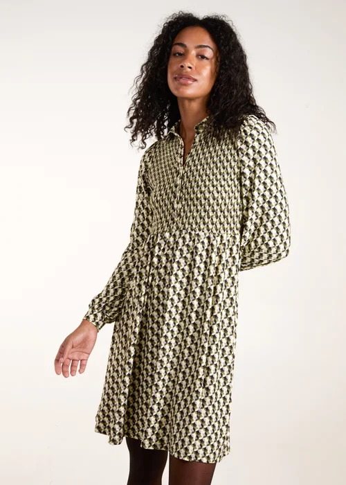 Blue Vanilla Green Geometric Shirred Mini Shirt Dress - XL Image 1