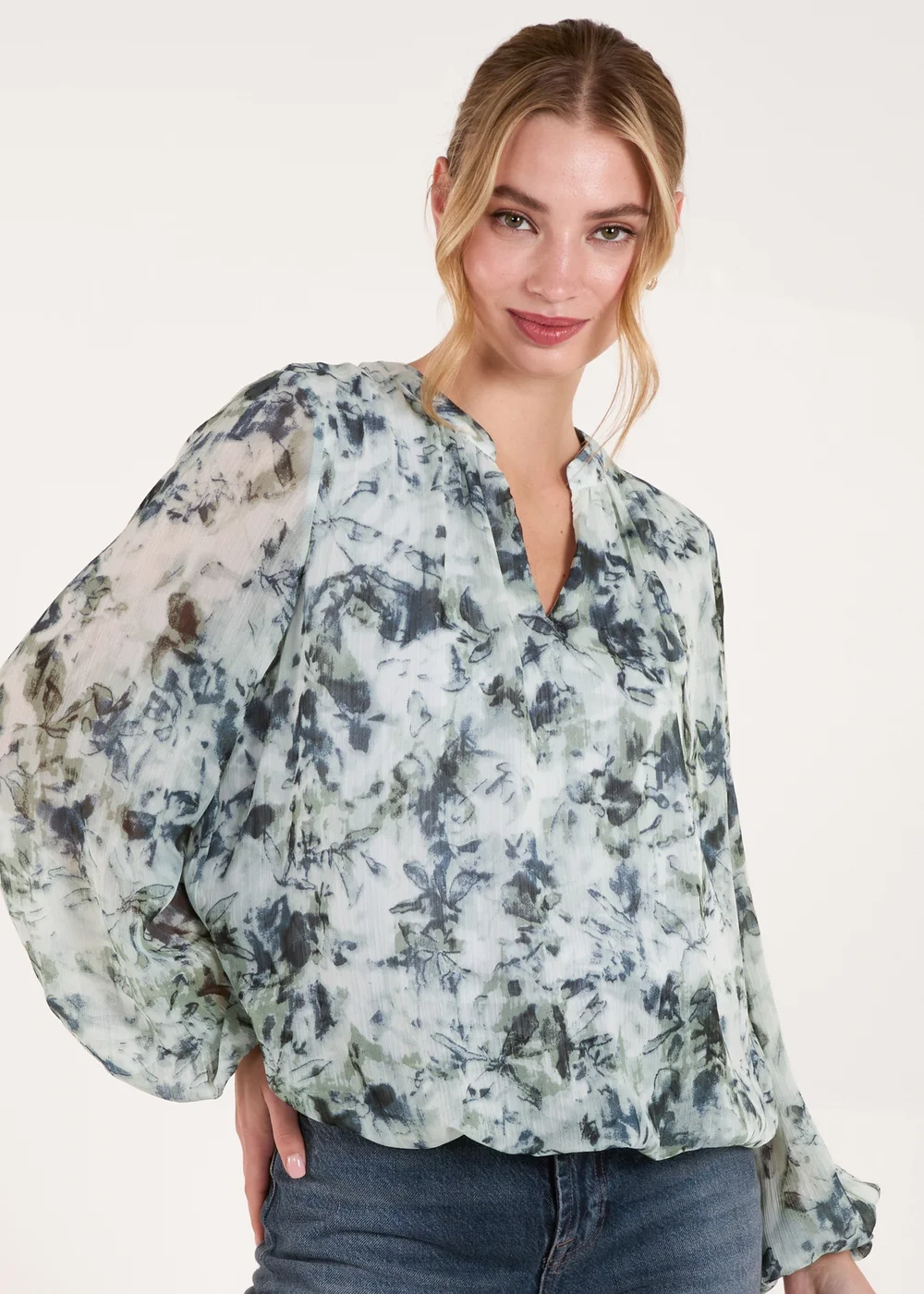 Blue Vanilla Blue Grandad Collar Puffball Watercolour Top - M Image 1