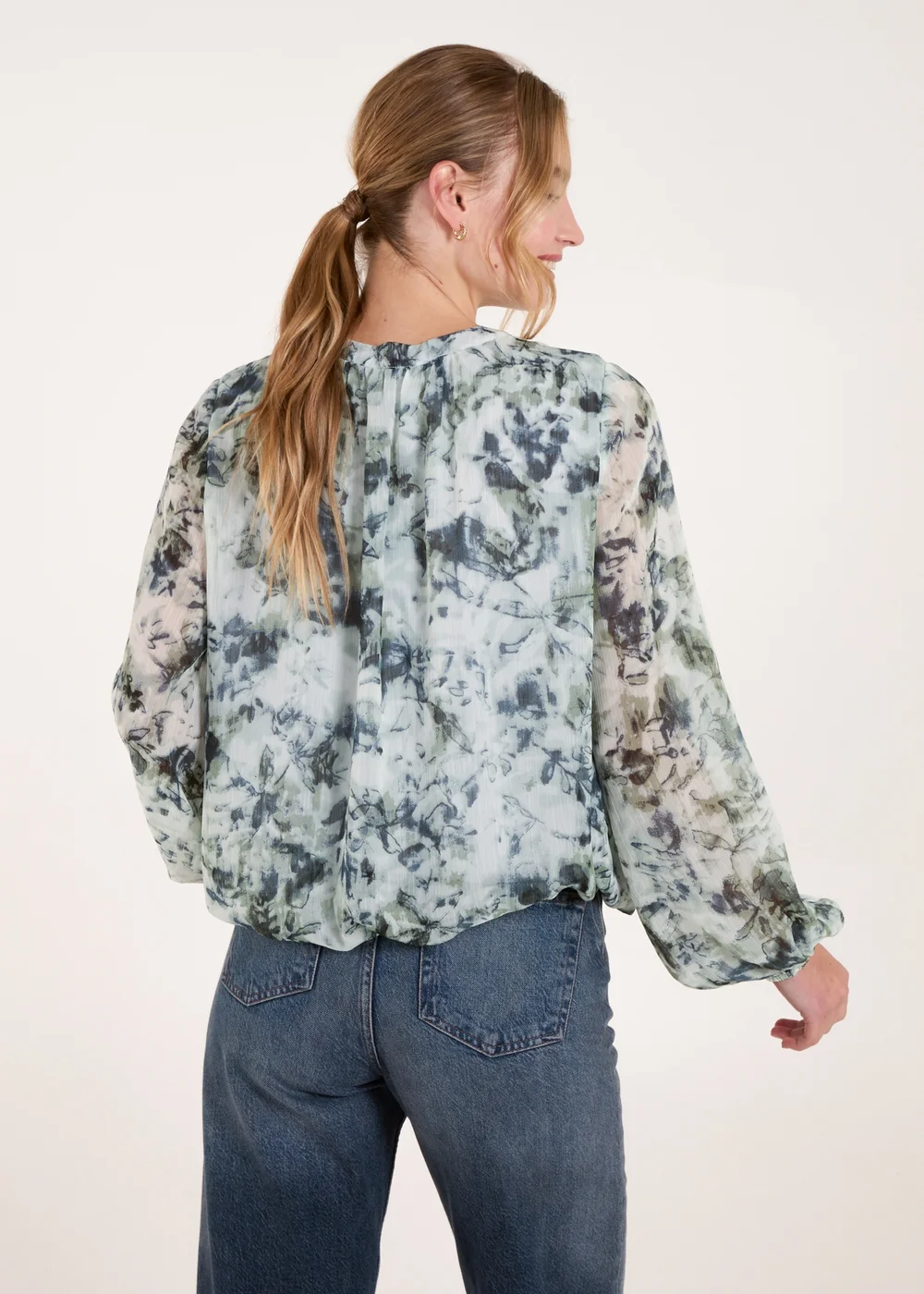 Blue Vanilla Blue Grandad Collar Puffball Watercolour Top - M Image 2