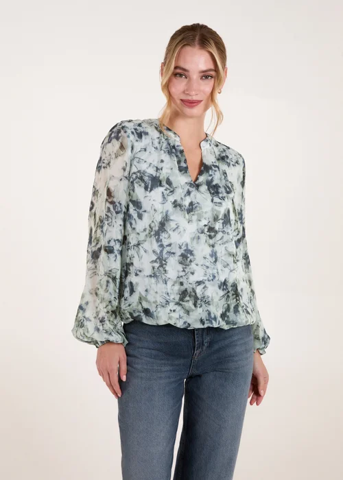 Blue Vanilla Blue Grandad Collar Puffball Watercolour Top - M Image 3