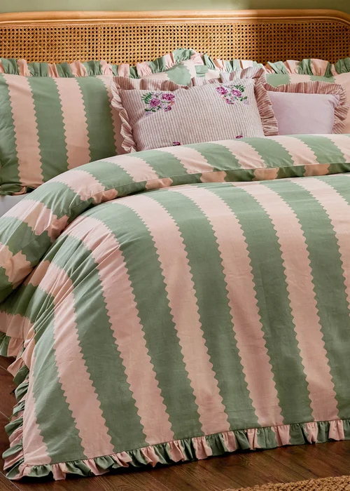 Wylder Birdie Stripe Ruffle Duvet Cover Set Pink/Green - King Image 3