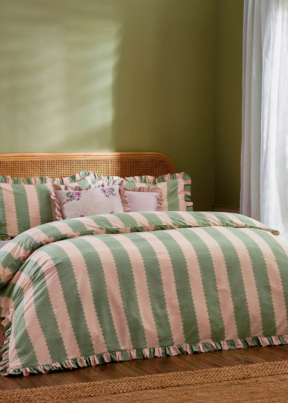 Wylder Birdie Stripe Ruffle Duvet Cover Set Pink/Green - King Image 1