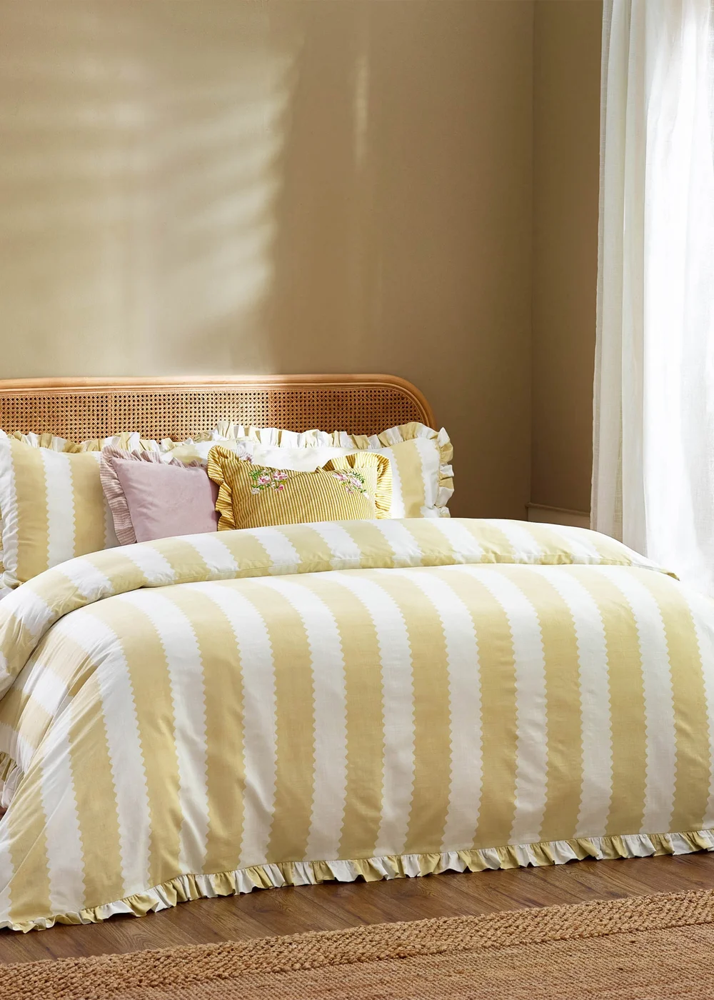 Wylder Birdie Stripe Ruffle Duvet Cover Set Butter Yellow - Single Image 1