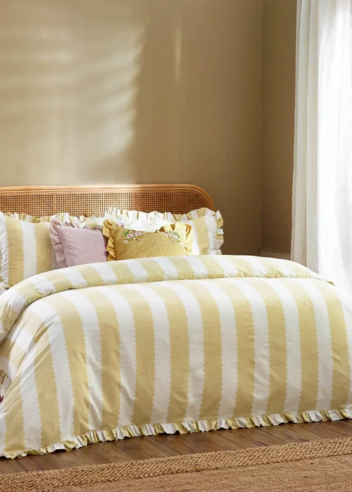 Wylder Birdie Stripe Ruffle Duvet Cover Set Butter Yellow - Single Image 1