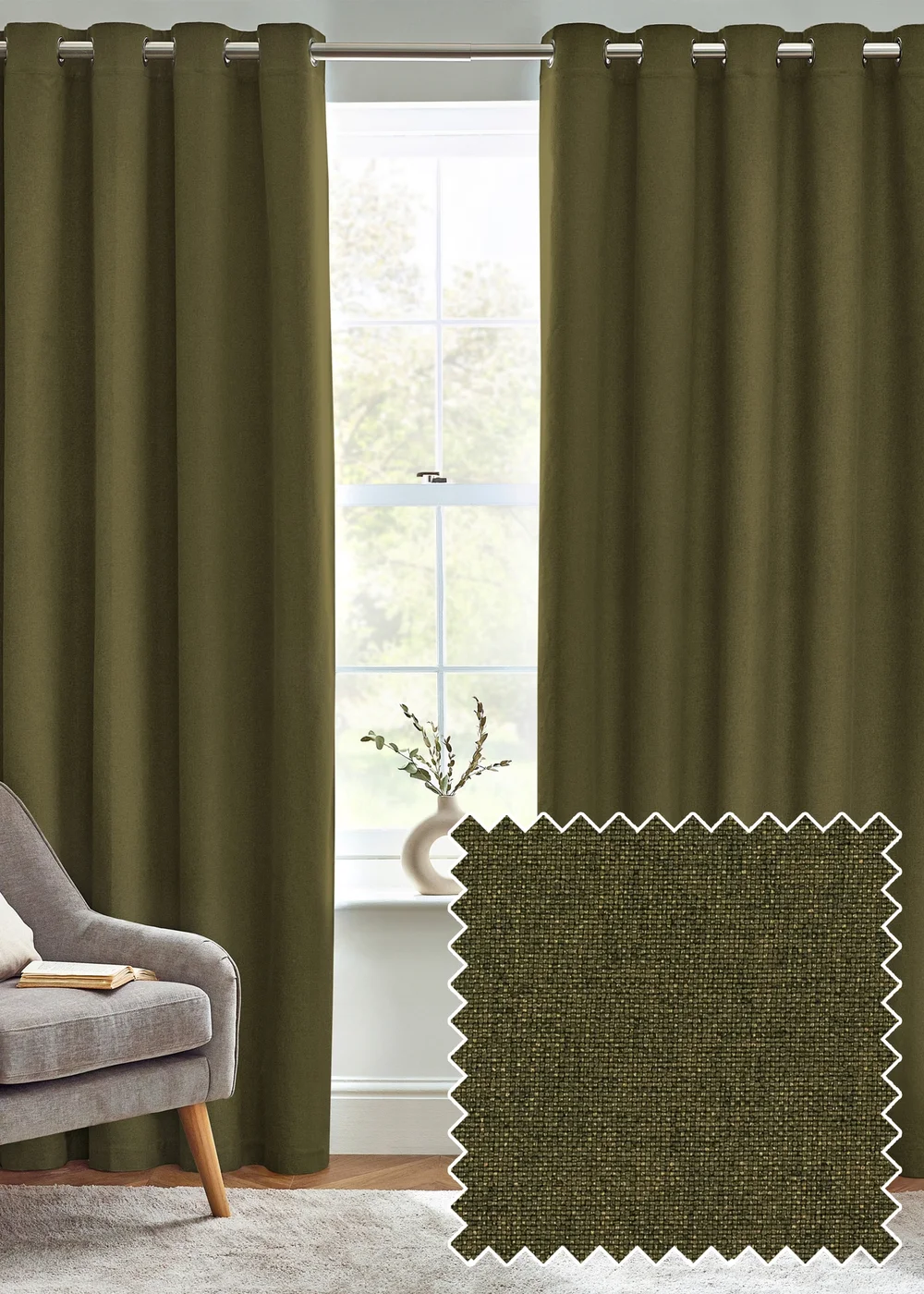 furn. Dawn 100% Blackout Thermal Eyelet Curtains Olive - ZAC Image 1