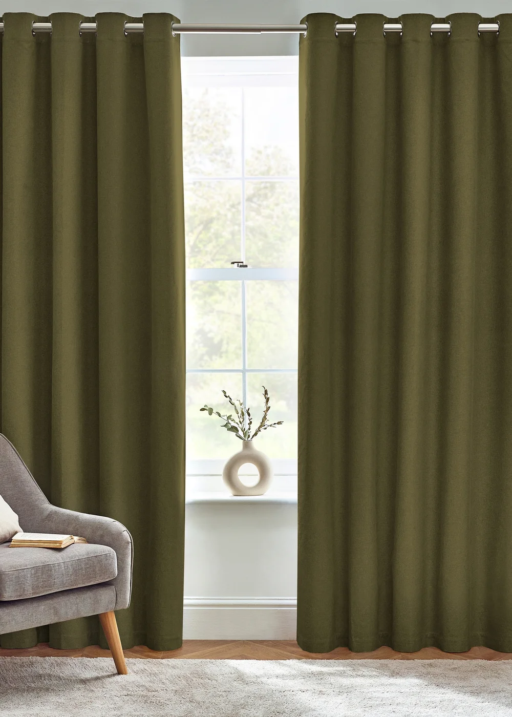furn. Dawn 100% Blackout Thermal Eyelet Curtains Olive - ZAC Image 2