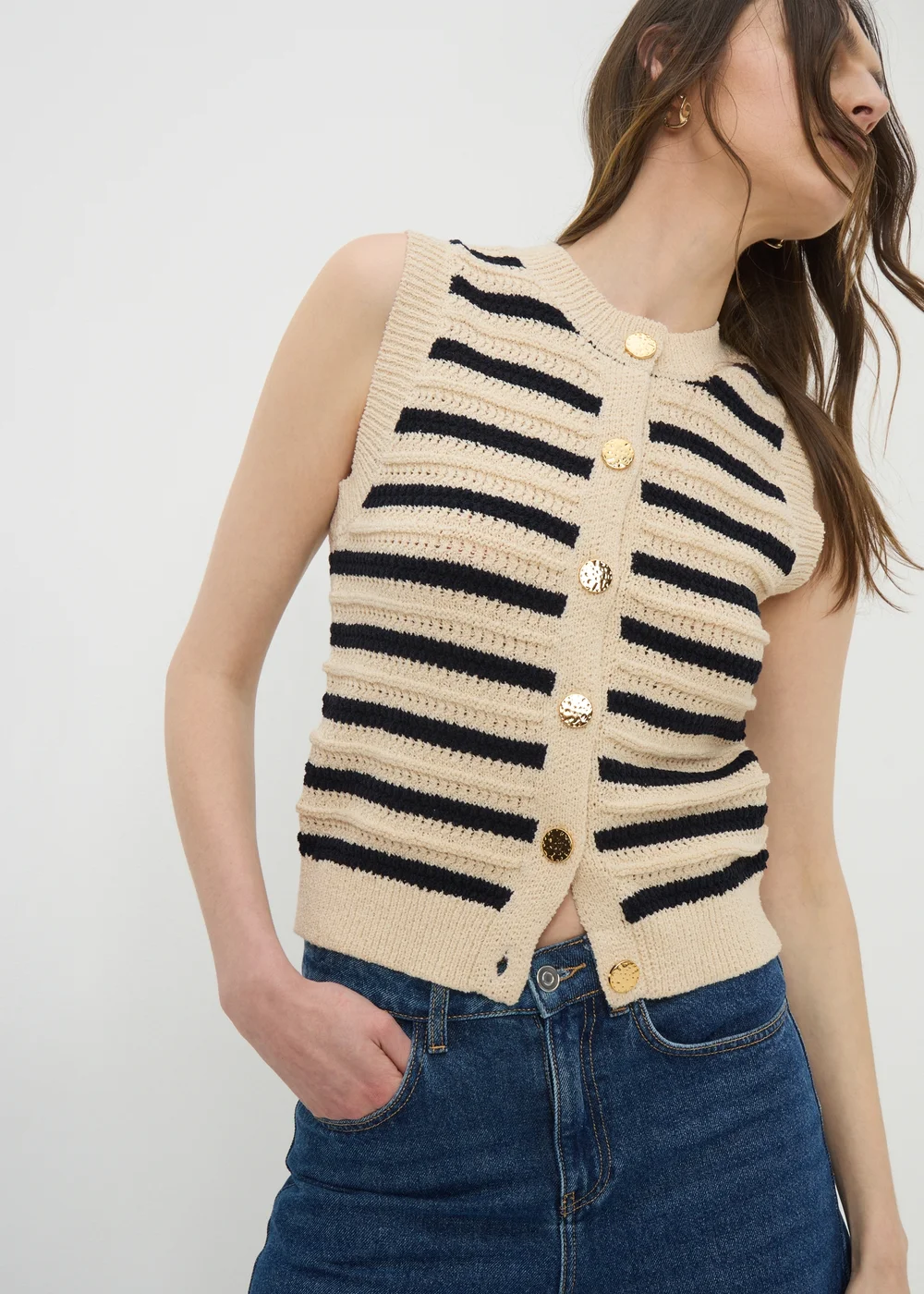 Navy Stripe Knitted Button Front Vest - XS Image 1