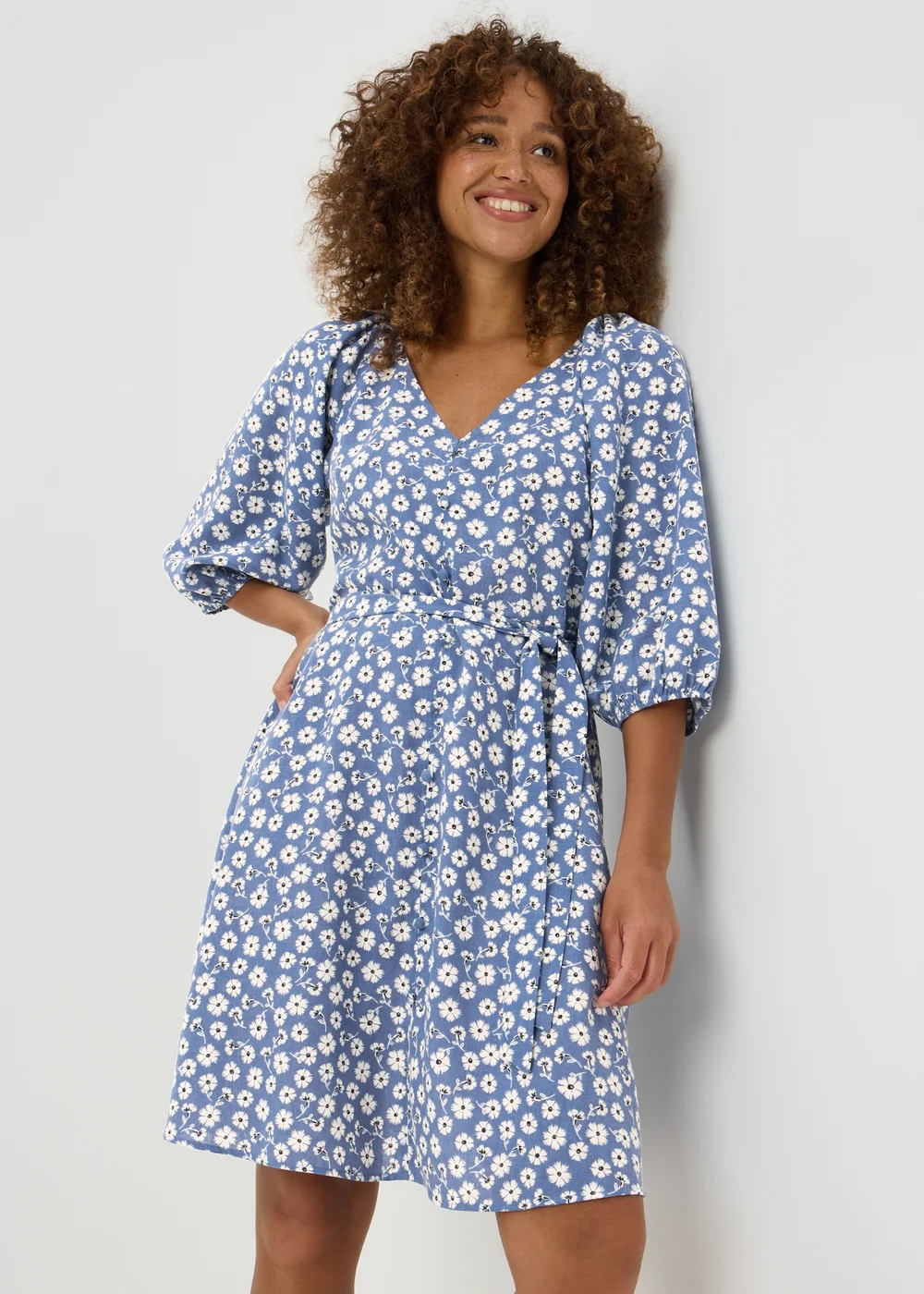 Blue Floral Belted Mini Dress - Size 14 Image 2