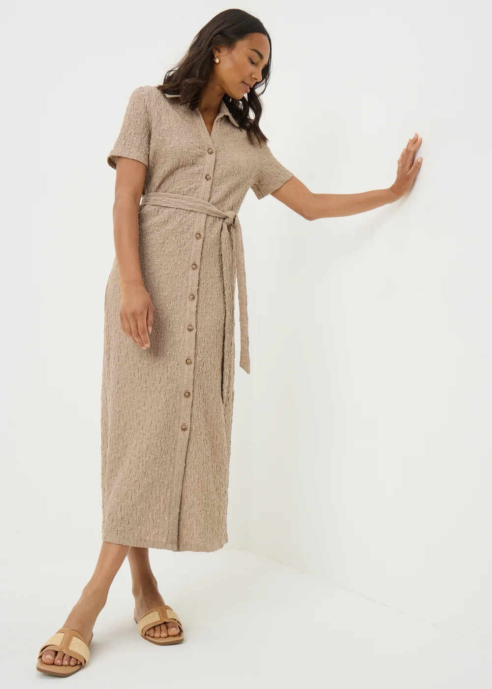 Nude Textured Midi Shirt Dress - Size 28 Image 1