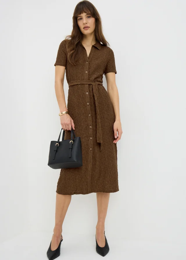 Brown Textured Midaxi Shirt Dress