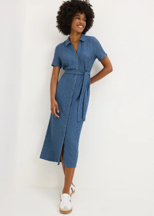 Blue Textured Midi Shirt Dress - Size 24 Image 1