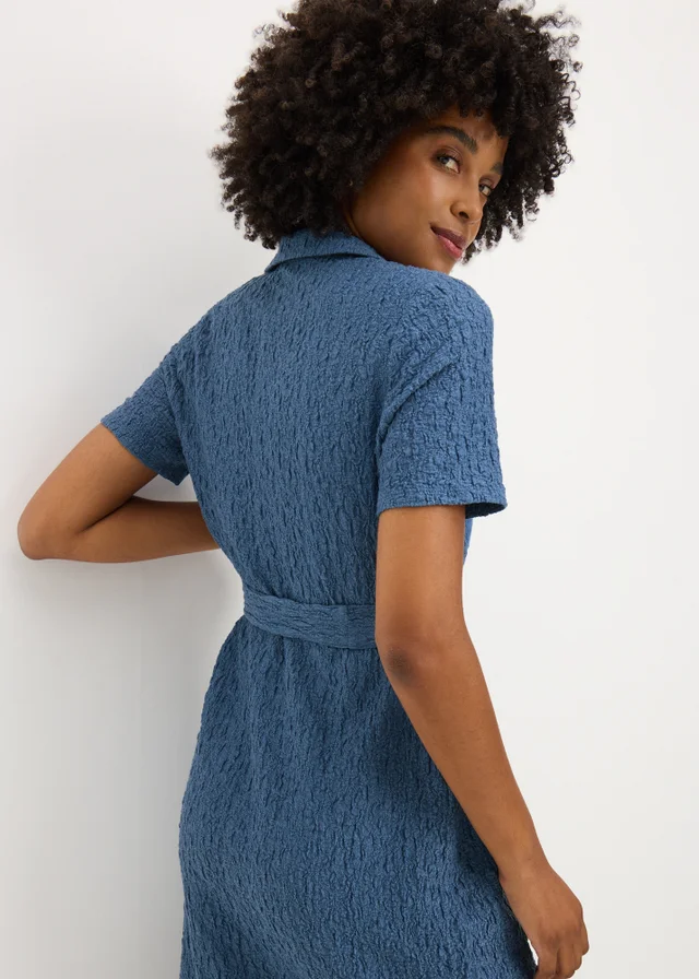 Blue Textured Midi Shirt Dress