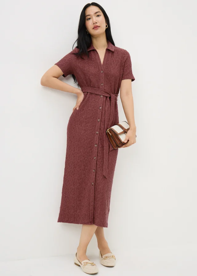 Dark Pink Textured Shirt Midi Dress