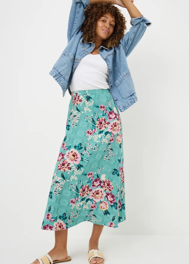 Green Floral Flared Midi Skirt