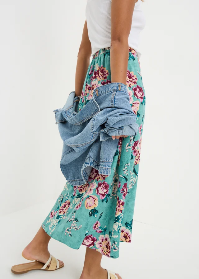 Green Floral Flared Midi Skirt