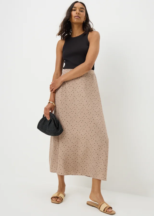 Taupe Spot Print Flared Midi Skirt