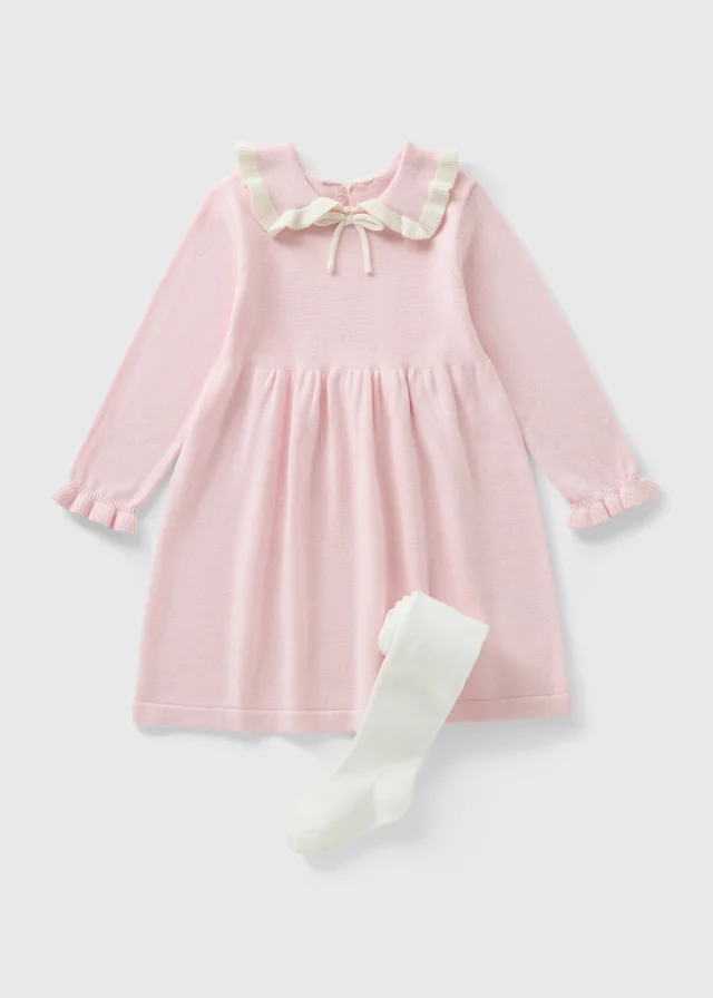 Girls Pink Knitted Frill Collar Dress & Tights (1-7yrs)
