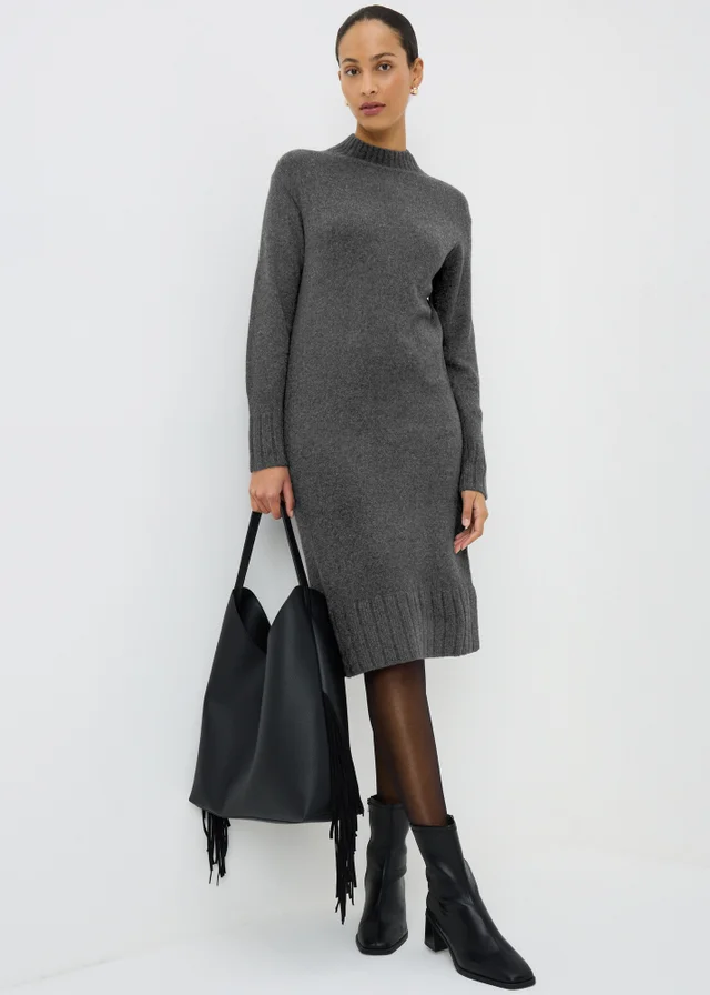 Grey Knitted High Neck Dress