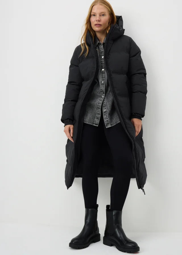 Black Funnel Neck Long Technical Showerproof Coat