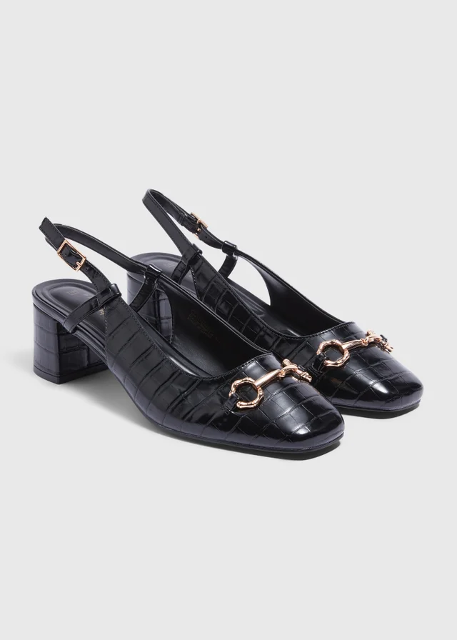 Black Croc Buckle Block Sling Back Heels