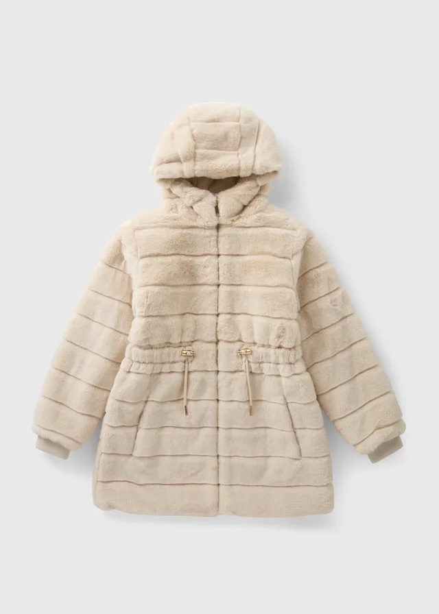 Girls Cream Faux Fur Tiered Coat (7-15yrs)