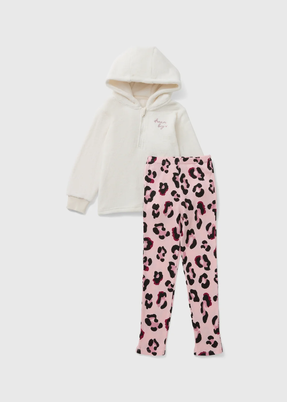 Girls Cream Leopard Fleece & Legging Lounge Set (7-13yrs) - Age 8 Years Image 1