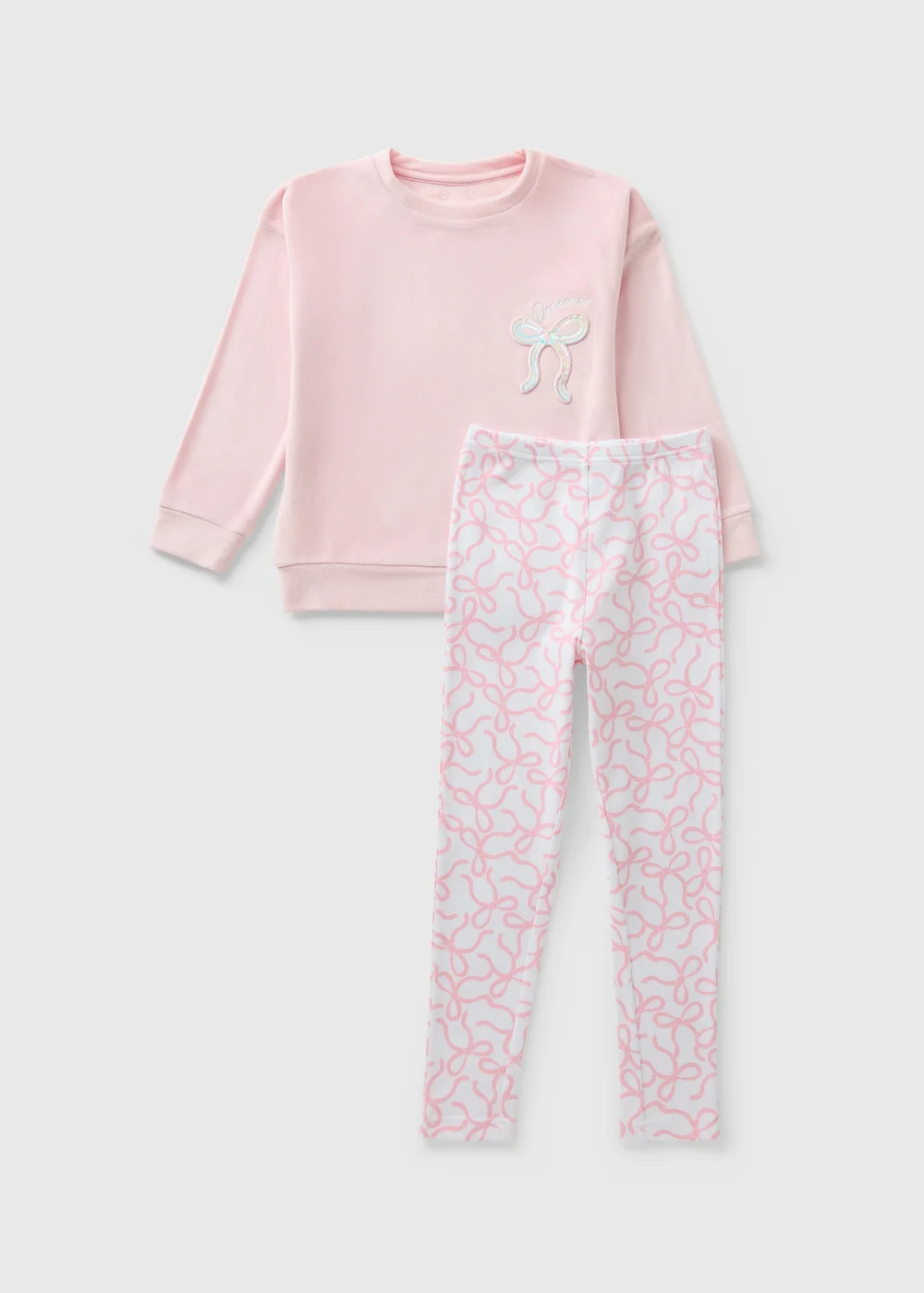 Girls Pink Bow Embossed Pyjama Set (7-13yrs) - Age 7 Years Image 1