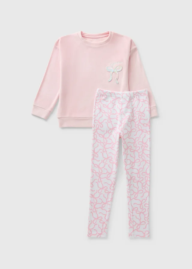 Girls Pink Bow Embossed Pyjama Set (7-13yrs)