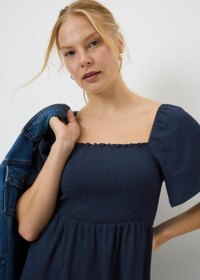 Navy Shirred Mini Dress