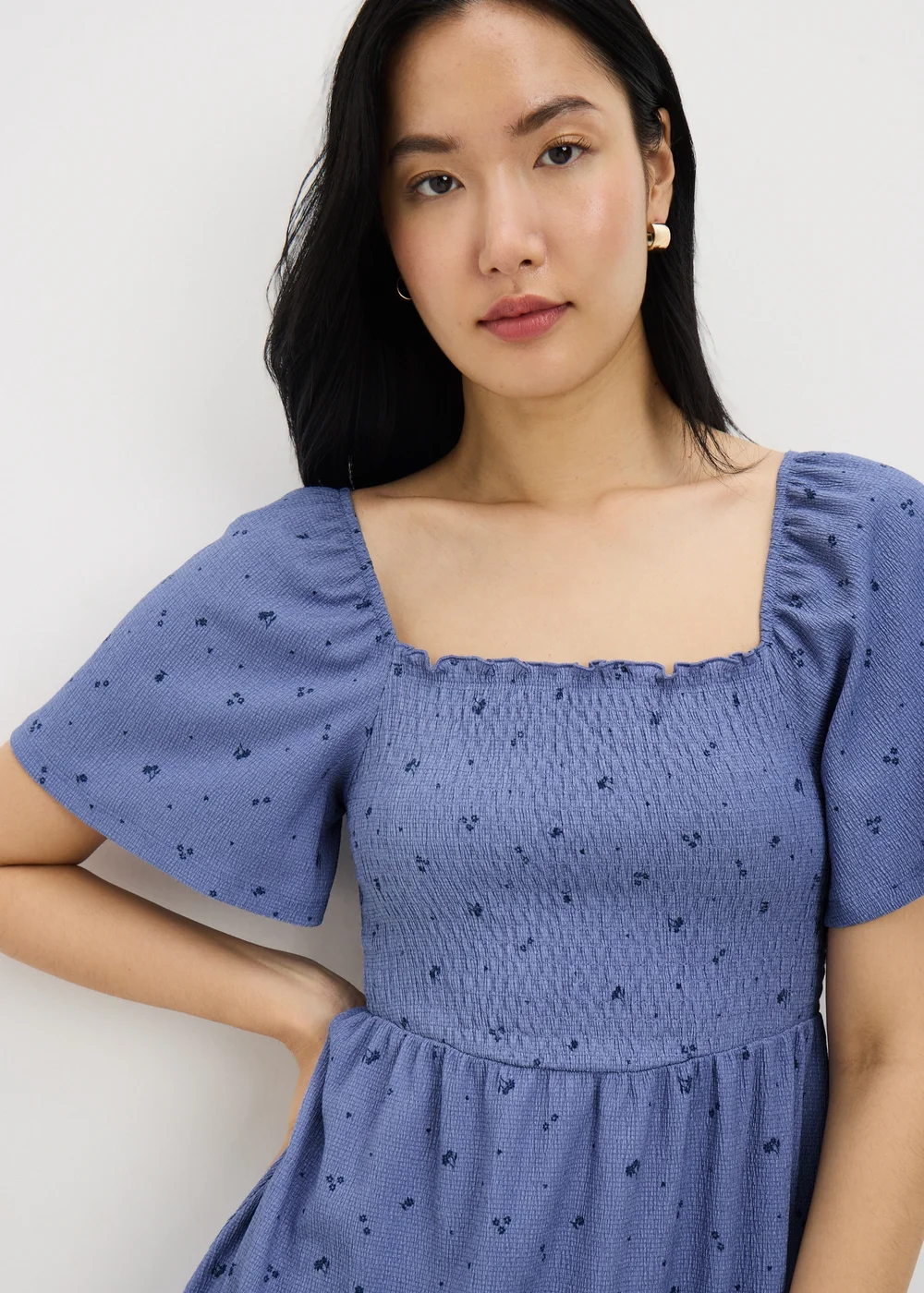 Blue Ditsy Floral Shirred Mini Dress - Size 20 Image 1