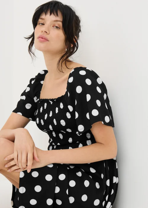 Black Spot Print Shirred Mini Dress - Size 26 Image 2