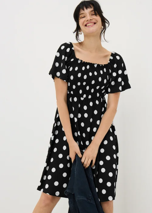 Black Spot Print Shirred Mini Dress - Size 26 Image 1