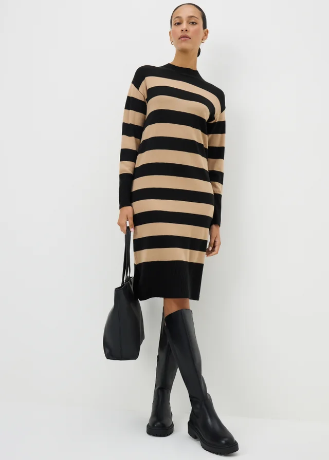 Black & Nude Stripe Super Soft High Neck Dress