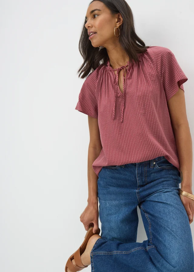 Dusty Pink Stripe Tie Neck Boho Blouse